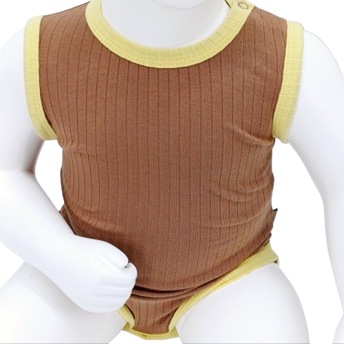 Body bébé sans manches en coton côtelé – Marron et jaune
