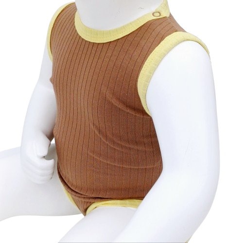 Body bébé sans manches en coton côtelé – Marron et jaune