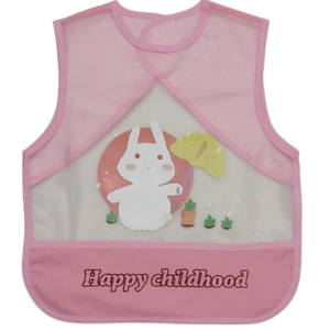Bavoir pour bébé transparent et imperméable 'Happy Childhood', motif lapin joyeux. Protège contre les tâches et facile à nettoyer. Parfait pour les tout-petits.
