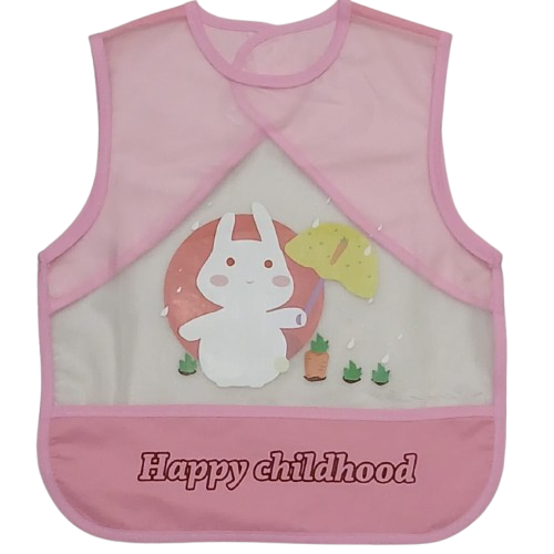 Bavoir pour bébé transparent et imperméable 'Happy Childhood', motif lapin joyeux. Protège contre les tâches et facile à nettoyer. Parfait pour les tout-petits.