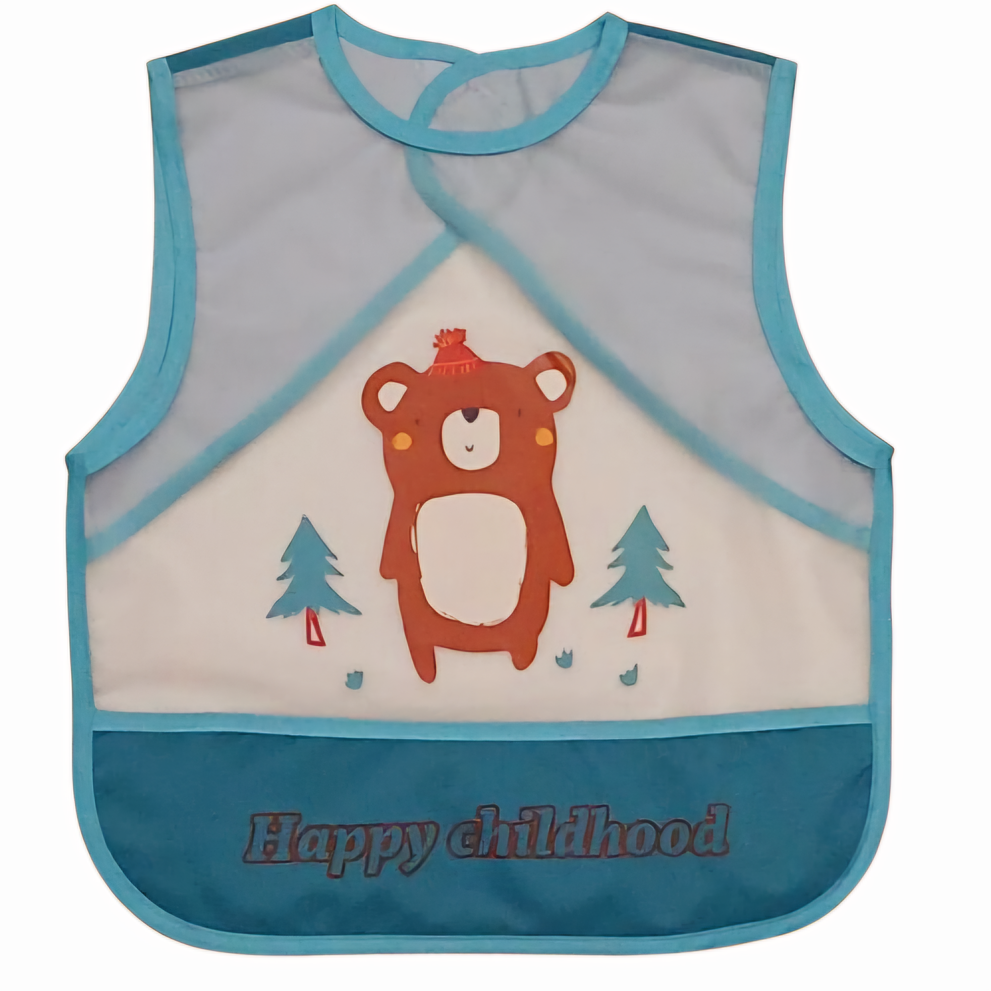 Acheter Bavette imperméable 'Happy Childhood' avec un motif ours et sapins. Protège efficacement les vêtements, facile à nettoyer, et ultra-pratique.