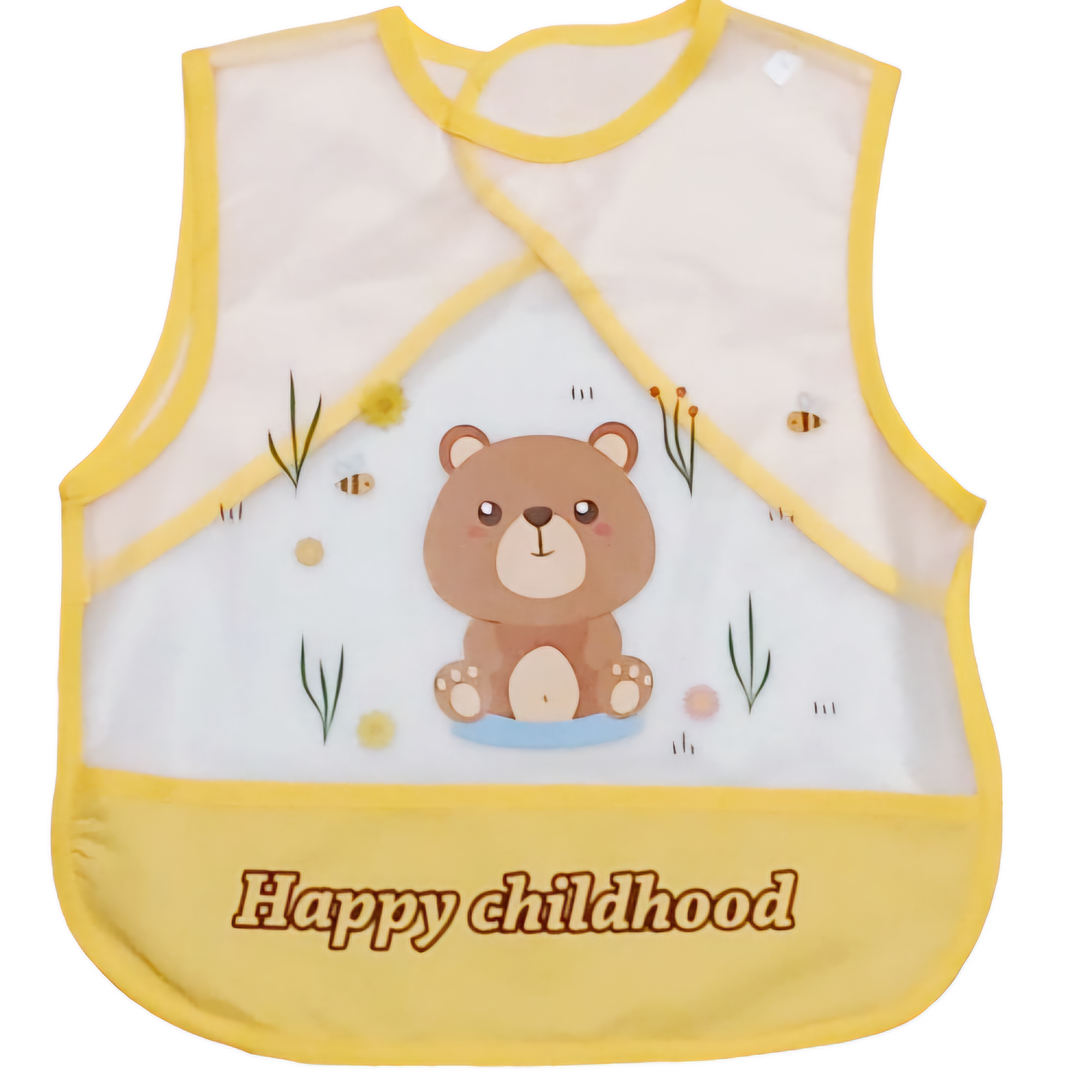 Bavoir pour bébé transparent 'Happy Childhood', design ours adorable. Protège efficacement, facile à nettoyer, et pratique avec sa fermeture à l'arrière