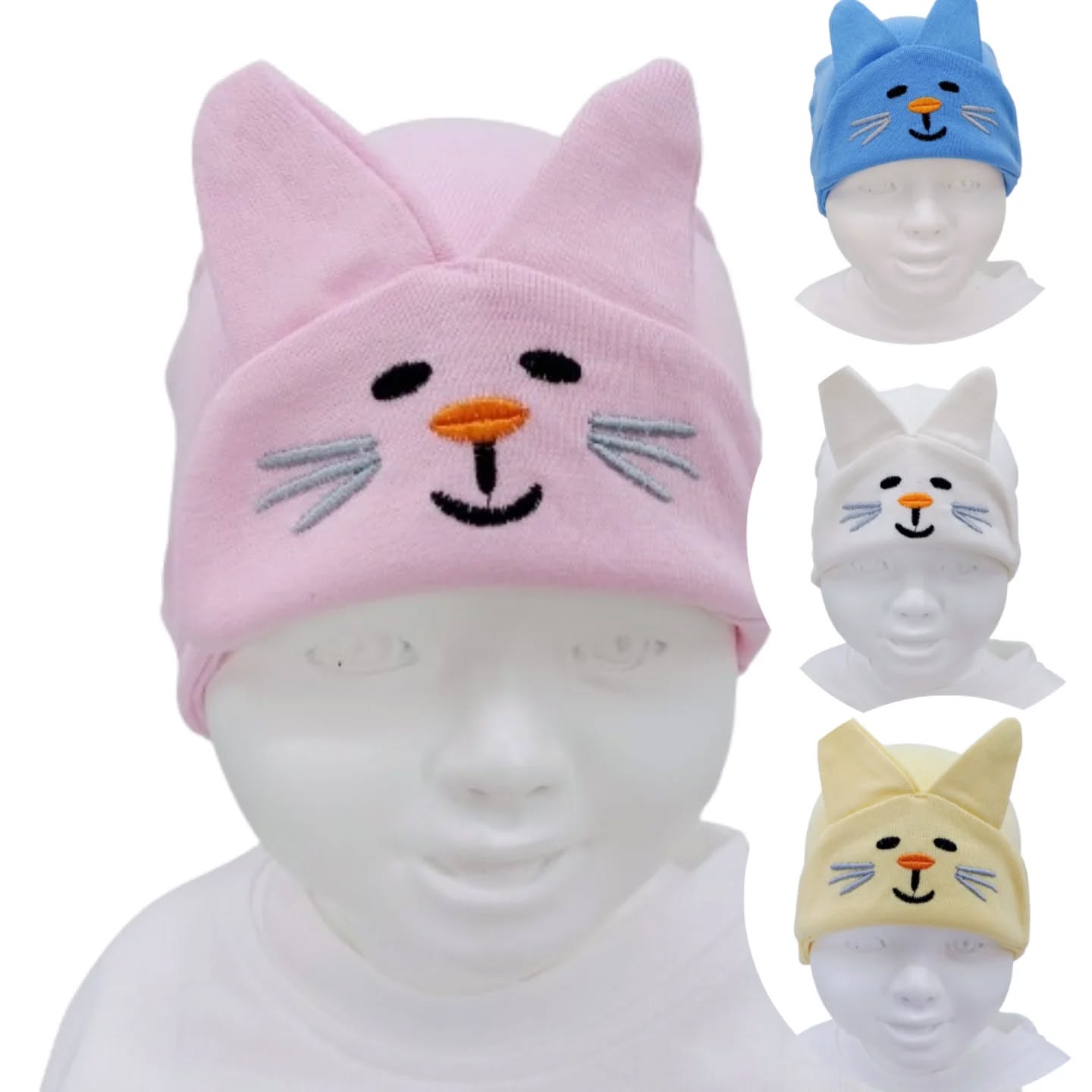 Bonnet bébé chaton avec oreilles – Visage brodé – Coloris rose, bleu, blanc, jaune