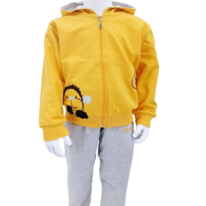 Ensemble 2 pièces pour bébé – Sweat à capuche jaune avec motif lionne et pantalon gris