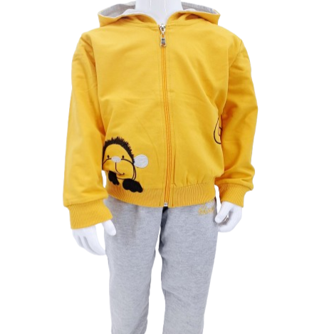 Ensemble 2 pièces pour bébé – Sweat à capuche jaune avec motif lionne et pantalon gris