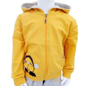 Ensemble 2 pièces pour bébé – Sweat à capuche jaune avec motif lionne et pantalon gris