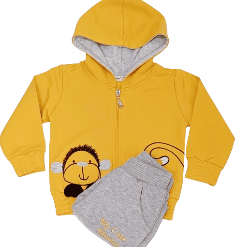 Ensemble 2 pièces pour bébé – Sweat à capuche jaune avec motif lionne et pantalon gris