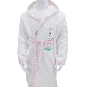 Peignoir enfant blanc avec capuche en 100% coton, motif girafe "surfeuse". Doux et absorbant, parfait pour les enfants de 1 à 4 ans après le bain ou la piscine.