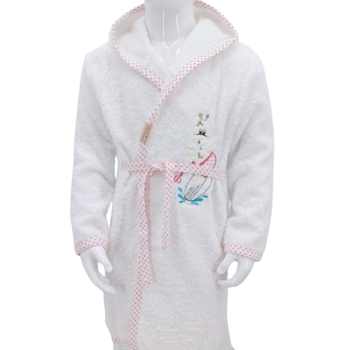 Peignoir enfant blanc avec capuche en 100% coton, motif girafe "surfeuse". Doux et absorbant, parfait pour les enfants de 1 à 4 ans après le bain ou la piscine.