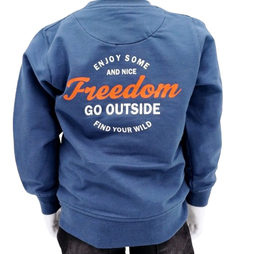 Sweat-shirt bleu garçon avec imprimé 'Freedom'. Disponible en 1-4 ans, ce pull en coton mélangé est parfait pour les petits aventuriers. Style décontracté et confort garanti
