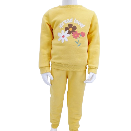Ensemble fille en coton 100% avec intérieur molletonné "Spread Love", idéal pour l'hiver. Sweat et pantalon assortis pour filles de 5 à 8 ans. Parfait pour les mamans en Belgique recherchant chaleur et confort.