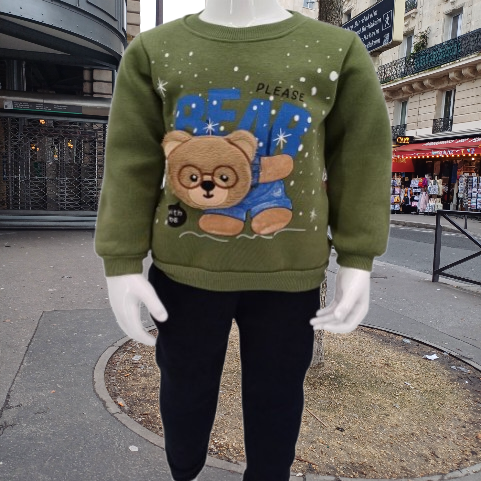 Ensemble fille en coton 100% avec intérieur molletonné "Bear Please", idéal pour l'hiver. Sweat et pantalon assortis pour filles et garçon de 1 à 3 ans.