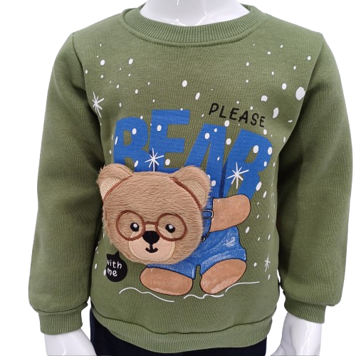 Ensemble fille en coton 100% avec intérieur molletonné "Bear Please", idéal pour l'hiver. Sweat et pantalon assortis pour filles et garçon de 1 à 3 ans.