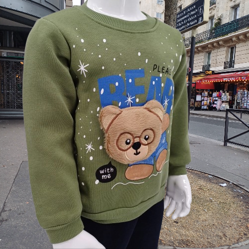 Ensemble fille en coton 100% avec intérieur molletonné "Bear Please", idéal pour l'hiver. Sweat et pantalon assortis pour filles et garçon de 1 à 3 ans.