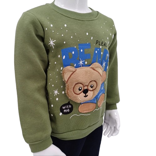 Ensemble fille en coton 100% avec intérieur molletonné "Bear Please", idéal pour l'hiver. Sweat et pantalon assortis pour filles et garçon de 1 à 3 ans.