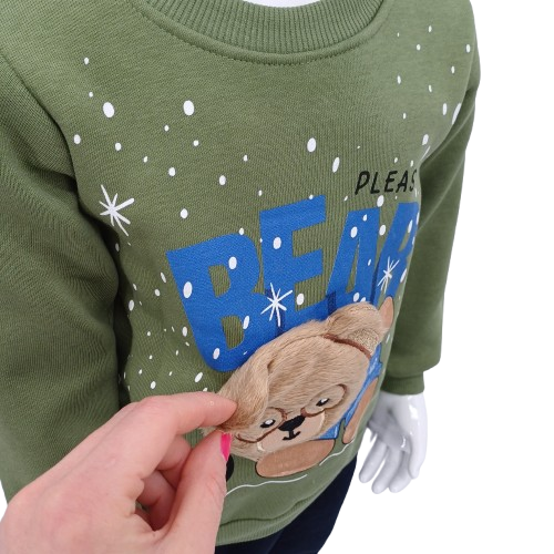 Ensemble fille en coton 100% avec intérieur molletonné "Bear Please", idéal pour l'hiver. Sweat et pantalon assortis pour filles et garçon de 1 à 3 ans.