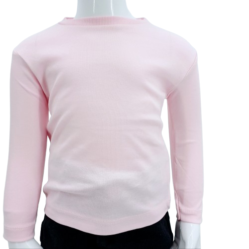 T-shirt rose à manches longues pour enfant, en 95% coton et 5% lycra, offrant confort et flexibilité. Disponible en tailles 1 à 4 ans, parfait pour un look décontracté ou en superposition.