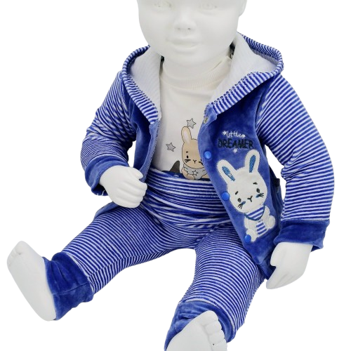 Ensemble bébé 3 pièces en velours, comprenant veste à capuche, pantalon et body (0-9 mois). Design mignon et confort optimal, parfait pour l'hiver.