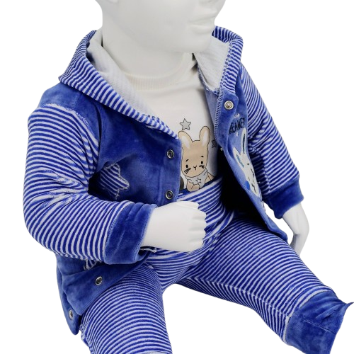 Ensemble bébé 3 pièces en velours, comprenant veste à capuche, pantalon et body (0-9 mois). Design mignon et confort optimal, parfait pour l'hiver.