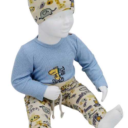 Ensemble bébé 3 pièces en coton avec body "The Dino", pantalon et bonnet, 3-18 mois