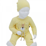 Ensemble bébé en coton avec body, pantalon et bonnet à oreilles - Jaune