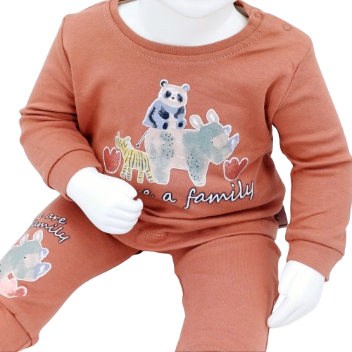 Découvrez l'ensemble bébé en coton "We Are a Family" - 2 tenues confortables et stylées pour les tout-petits. Disponibles en tailles 3-6 à 12-18 mois, 100 % coton.