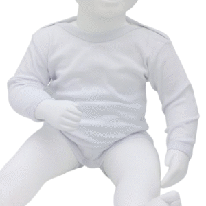 Body bébé blanc à manches longues en 100% coton. Doux et confortable, idéal pour les nouveau-nés et les jeunes enfants. Tailles disponibles : 0-3 mois à 3-4 ans.