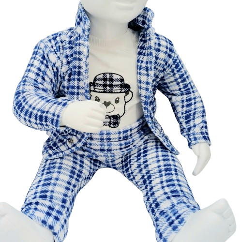 Ensemble bébé 100% coton, avec veste à carreaux et body imprimé ourson. Disponible en tailles 0-3 mois, 3-6 mois et 6-9 mois. Parfait pour le confort et le style des tout-petits.