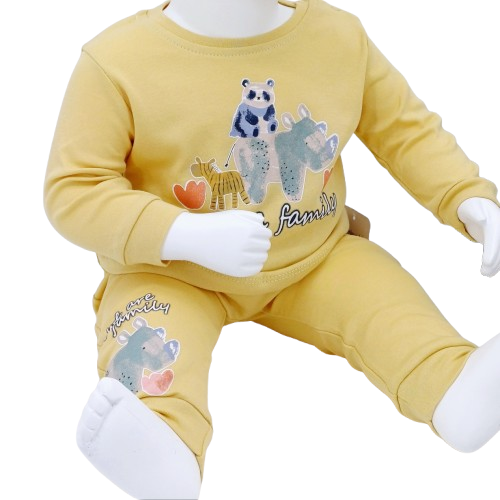 Ensemble bébé en coton "We Are a Family" avec deux tenues adorables. Motifs d'animaux et design confortable. Tailles de 3 à 18 mois.