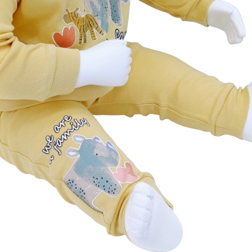 Ensemble bébé en coton "We Are a Family" avec deux tenues adorables. Motifs d'animaux et design confortable. Tailles de 3 à 18 mois.