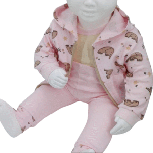 Ensemble bébé en coton doux "Doux Rêves" pour une tenue confortable et adorable. Comprend une veste à capuche, un body et un pantalon. Idéal pour les bébés de 3 à 24 mois.