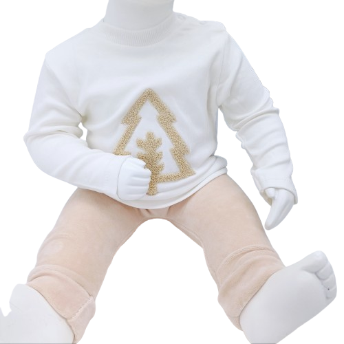 Ensemble pour bébé 0-24 mois, avec body à motif sapin, cardigan hivernal et pantalon velours beige. Doux, confortable et idéal pour l'hiver.