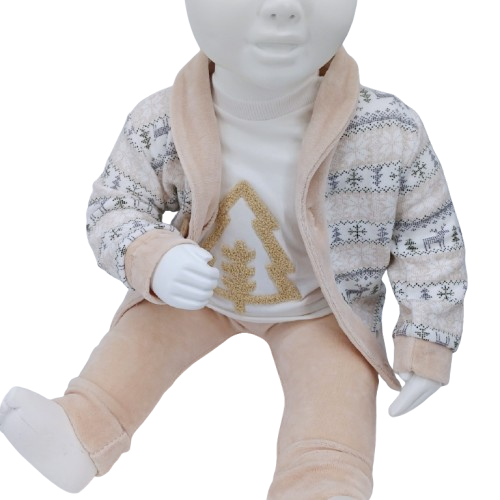 Ensemble pour bébé 0-24 mois, avec body à motif sapin, cardigan hivernal et pantalon velours beige. Doux, confortable et idéal pour l'hiver.