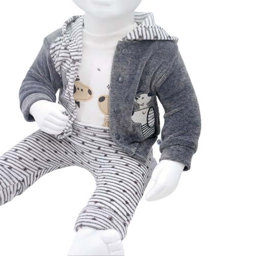 Ensemble de vêtements pour bébé en velours 100% coton, incluant veste, body et pantalon, disponible en tailles 0-9 mois. Parfait pour garder bébé confortable et stylé.