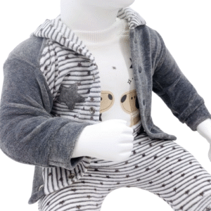 Ensemble de vêtements pour bébé en velours 100% coton, incluant veste, body et pantalon, disponible en tailles 0-9 mois. Parfait pour garder bébé confortable et stylé.