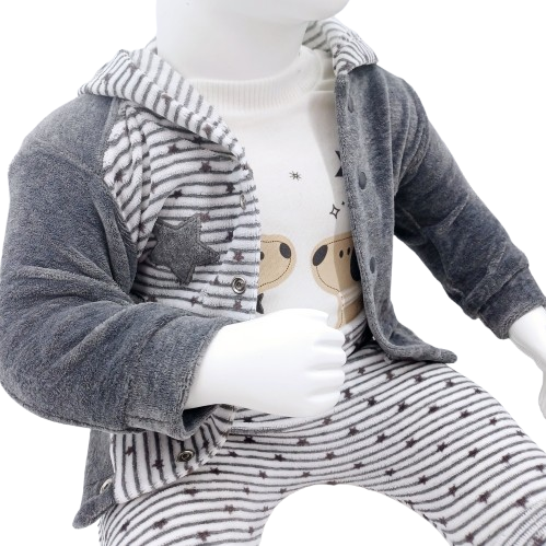 Ensemble de vêtements pour bébé en velours 100% coton, incluant veste, body et pantalon, disponible en tailles 0-9 mois. Parfait pour garder bébé confortable et stylé.