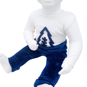 Ensemble de Noël pour bébé garçon (0-24 mois) comprenant un body sapin, un cardigan d’hiver et un pantalon velours bleu. Confortable et doux, parfait pour la saison froide.