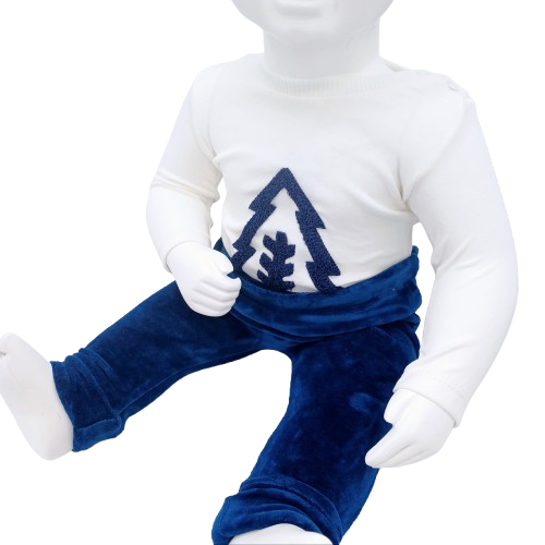 Ensemble de Noël pour bébé garçon (0-24 mois) comprenant un body sapin, un cardigan d’hiver et un pantalon velours bleu. Confortable et doux, parfait pour la saison froide.