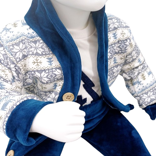Ensemble de Noël pour bébé garçon (0-24 mois) comprenant un body sapin, un cardigan d’hiver et un pantalon velours bleu. Confortable et doux, parfait pour la saison froide.