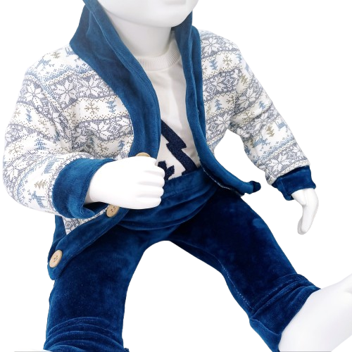 Ensemble de Noël pour bébé garçon (0-24 mois) comprenant un body sapin, un cardigan d’hiver et un pantalon velours bleu. Confortable et doux, parfait pour la saison froide.