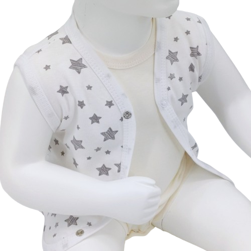 Gilet sans manches pour bébé en coton – Motif étoiles, blanc et gris