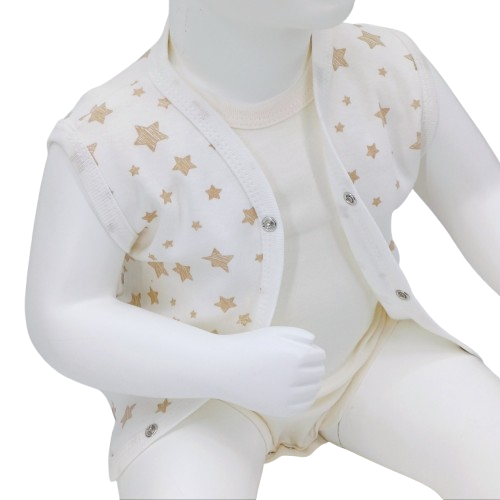 Gilet bébé sans manches en coton – Blanc avec étoiles beige