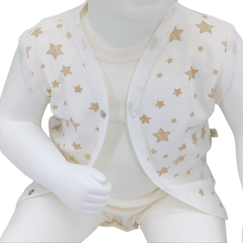 Gilet bébé sans manches en coton – Blanc avec étoiles beige