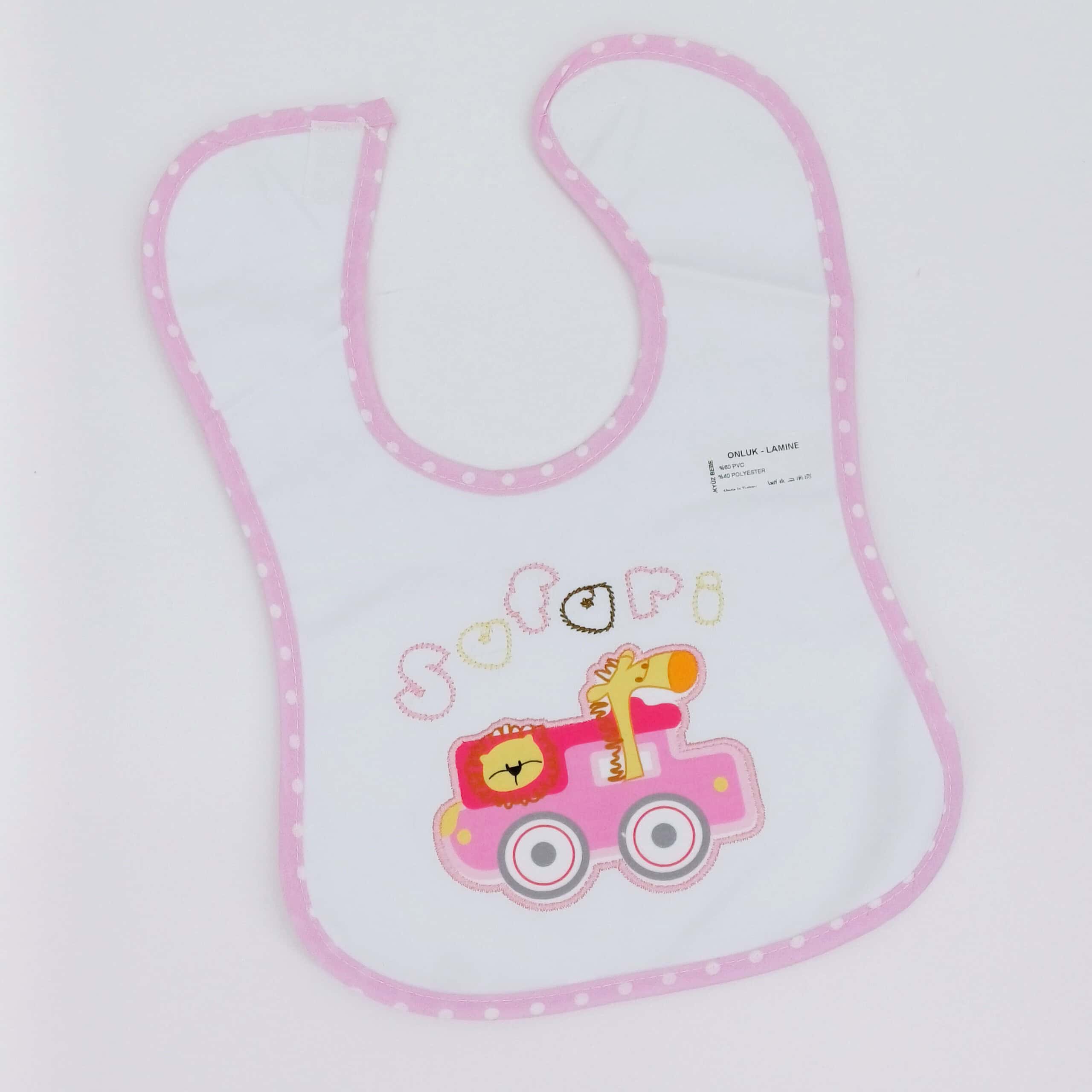 Bavoir imperméable « Safari » pour bébé, idéal pour protéger des taches pendant les repas. Composition 60 % PVC, 40 % polyester. Disponible pour les 6-24 mois.