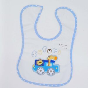 Bavoir imperméable « Safari » pour bébé, idéal pour protéger des taches pendant les repas. Composition 60 % PVC, 40 % polyester. Disponible pour les 6-24 mois.