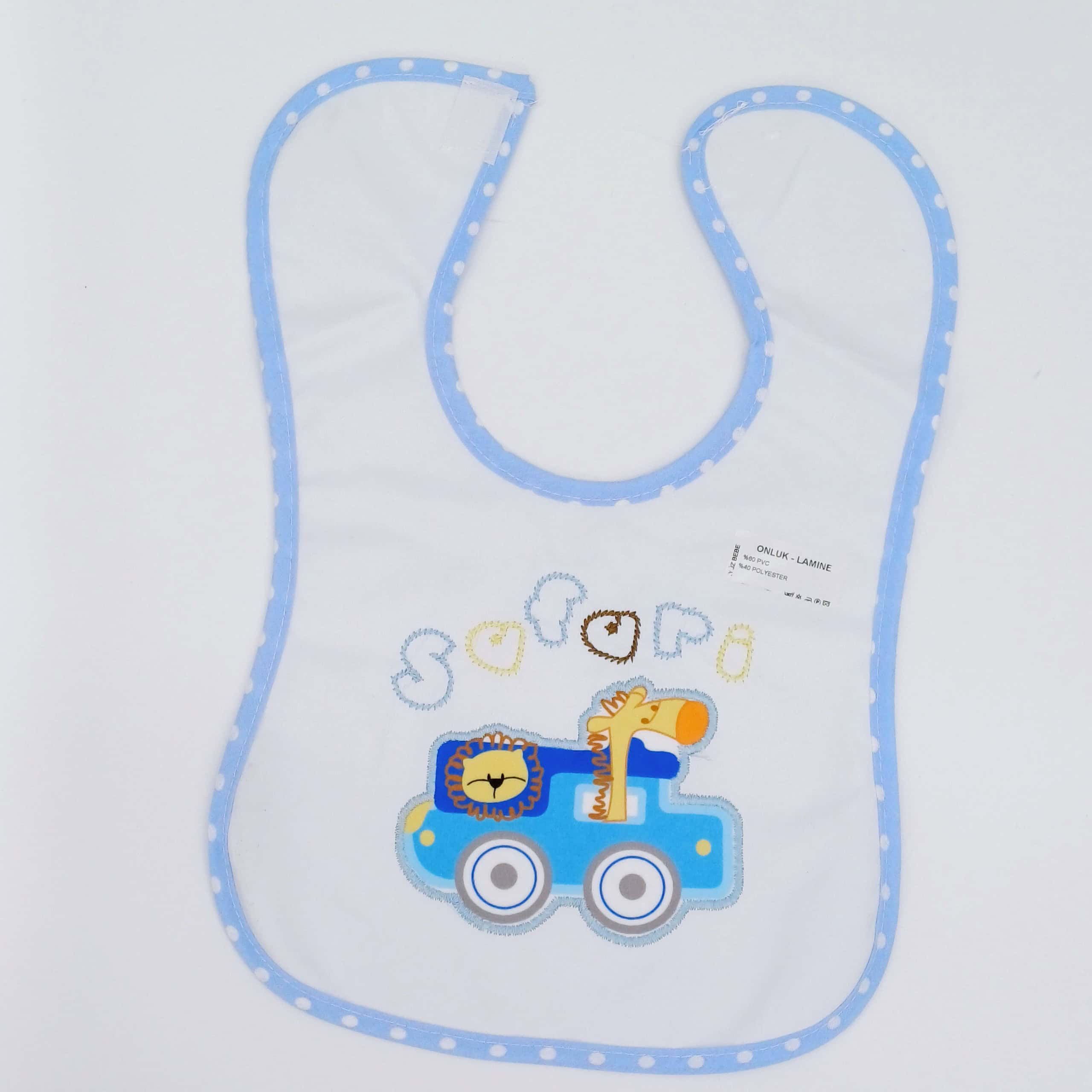 Bavoir imperméable « Safari » pour bébé, idéal pour protéger des taches pendant les repas. Composition 60 % PVC, 40 % polyester. Disponible pour les 6-24 mois.