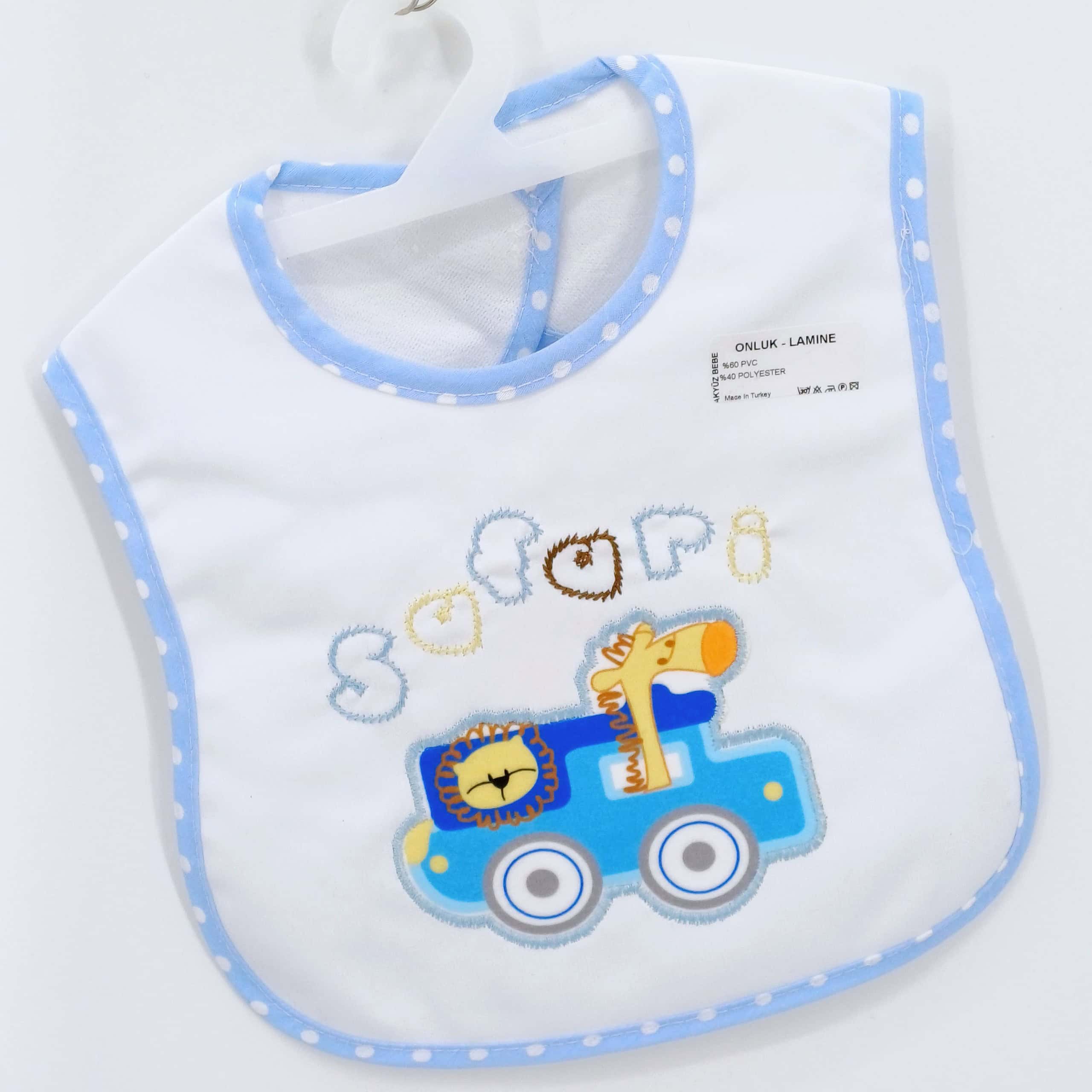 Bavoir imperméable « Safari » pour bébé, idéal pour protéger des taches pendant les repas. Composition 60 % PVC, 40 % polyester. Disponible pour les 6-24 mois.