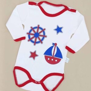 Body blanc bébé 100 % coton, motifs marins. Tailles 1-2, 2-3, 3-4 ans. Confortable et hypoallergénique, idéal pour un style marin unique