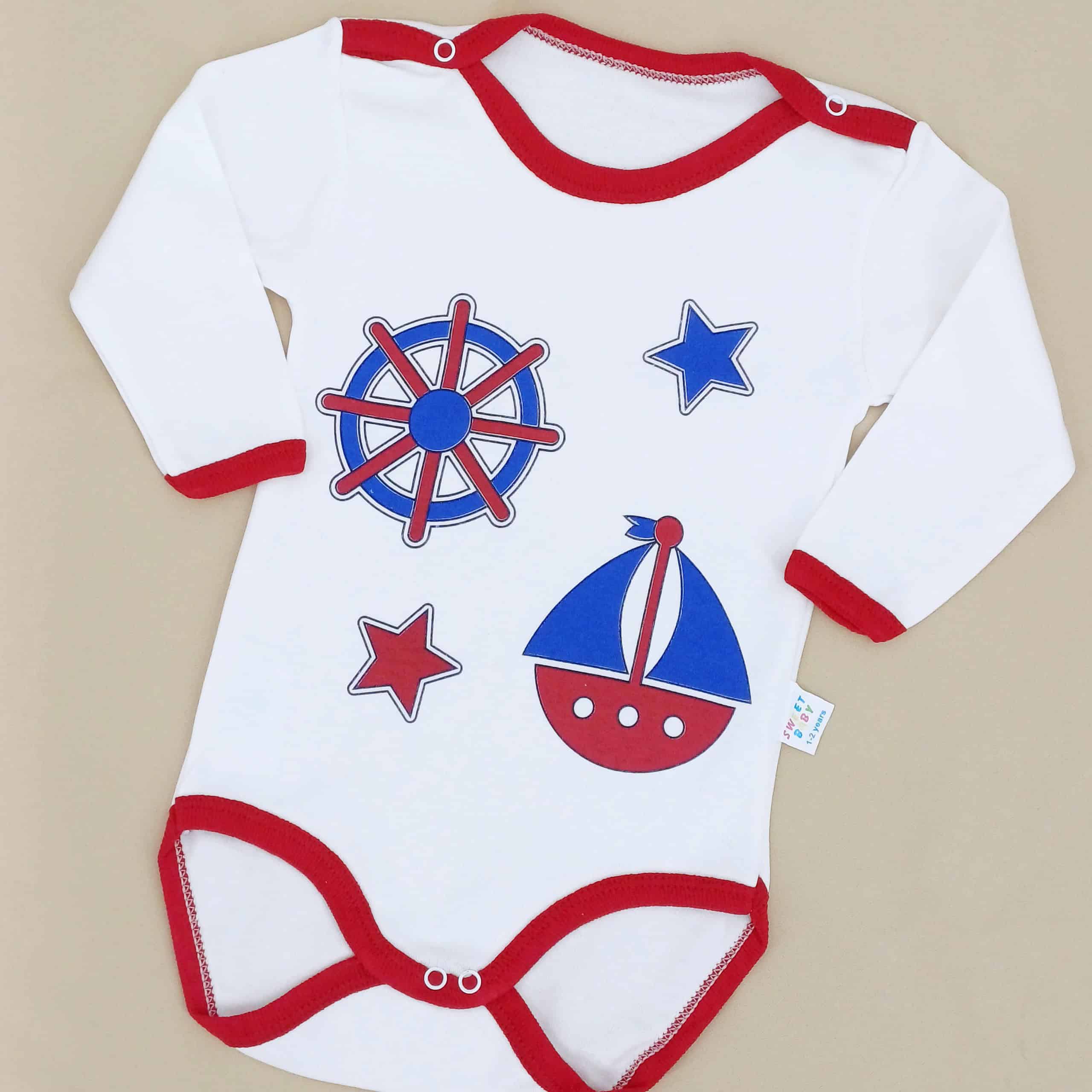 Body blanc bébé 100 % coton, motifs marins. Tailles 1-2, 2-3, 3-4 ans. Confortable et hypoallergénique, idéal pour un style marin unique