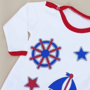 Body blanc bébé 100 % coton, motifs marins. Tailles 1-2, 2-3, 3-4 ans. Confortable et hypoallergénique, idéal pour un style marin unique